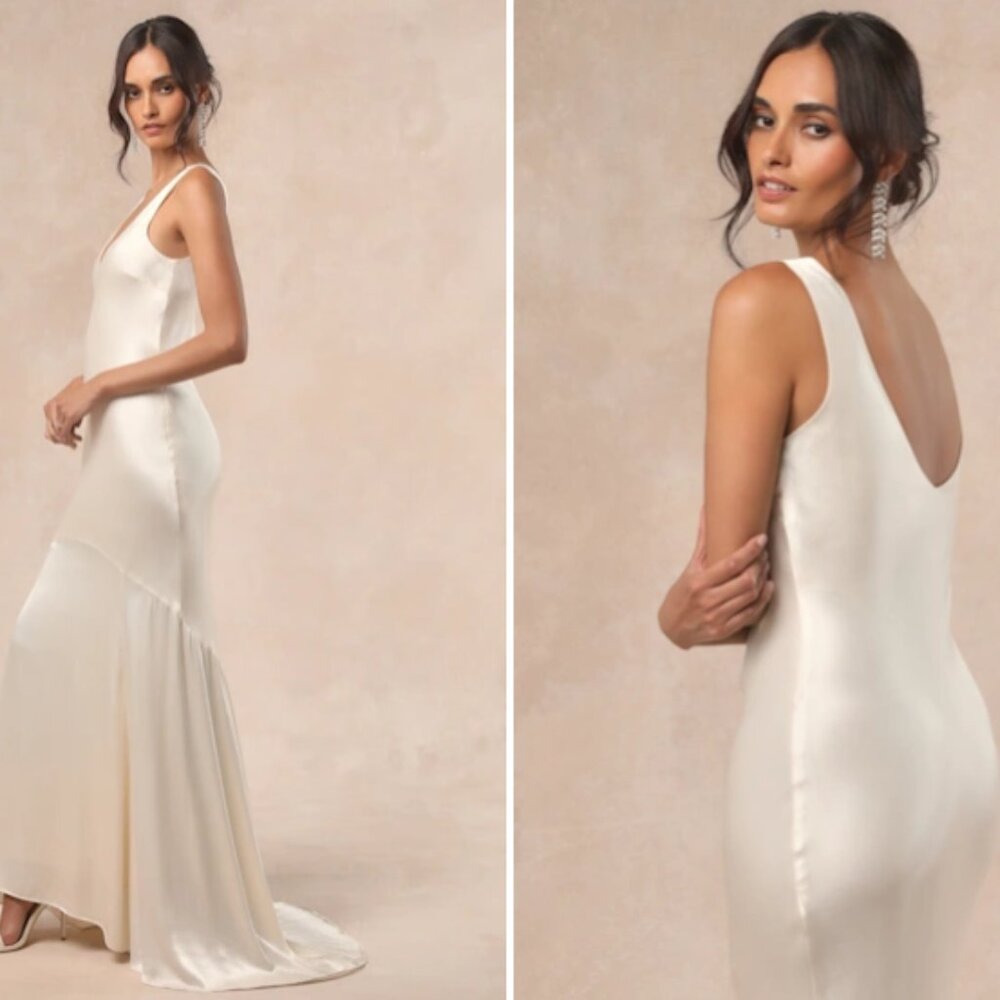 Lulus Love All Of Me Champagne Satin Maxi Dress - Size XS